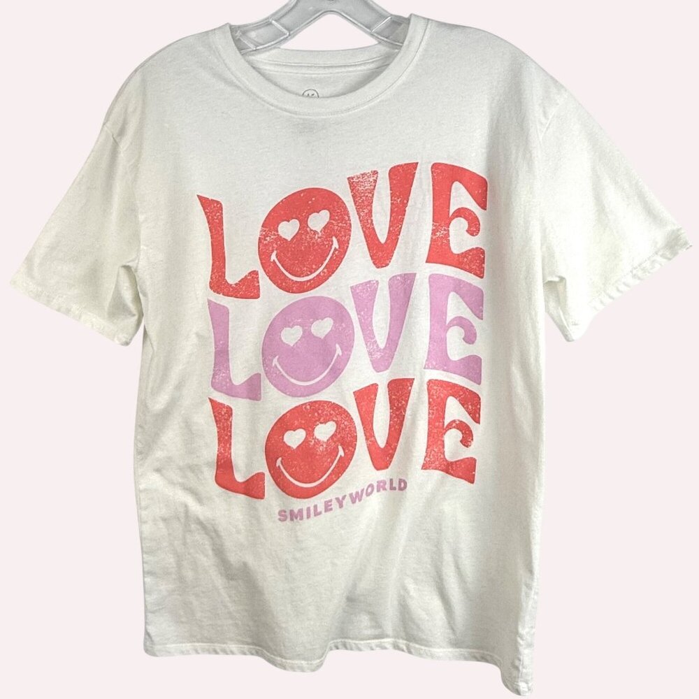 SmileyWorld Love Graphic Tee Womens XL White Cotton Blend EUC